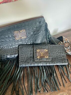 Upcycled Black Leather Embossed Crossbody and Wallet